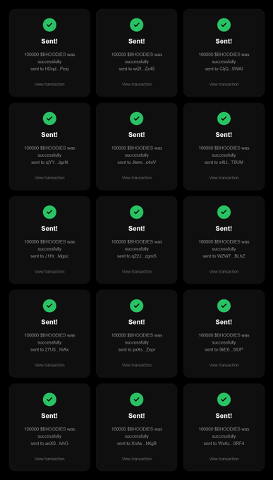 The image displays a grid of 15 successful transaction confirmations, each showing "Sent! 100000 $BHOODIES was successfully sent" to various Solana wallet addresses (including bEqzJ_Peq, zbE_Zz4G, QGi_6hW, qYV...sg8x, 3amm...c4tV, veLLL_T8UM, JYH_9goc, rG2J...gpm5, WZW7_BbLZ, 21US...hVAc, poXa...2cpr, bNCB_5UjP, ab33...lzH2, KnVa...hNgU, and WvAc...SRF4), serving as visual proof that airdrop rewards of 100,000 $BHOODIES tokens are being distributed to eligible participants as part of the "#SolanaAirdrop" campaign.