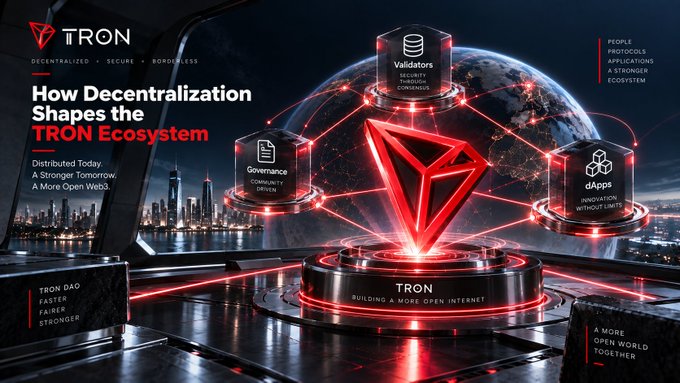 Futuristic graphic for 'TRON' depicting a decentralized ecosystem with a glowing red TRON diamond logo in the center, surrounded by floating holographic pillars labeled 'Validators', 'Governance', and 'dApps', set against a night cityscape and a globe. Text reads 'How Decentralization Shapes the TRON Ecosystem' and 'Distributed Today A Stronger Tomorrow, A More Open Web.'