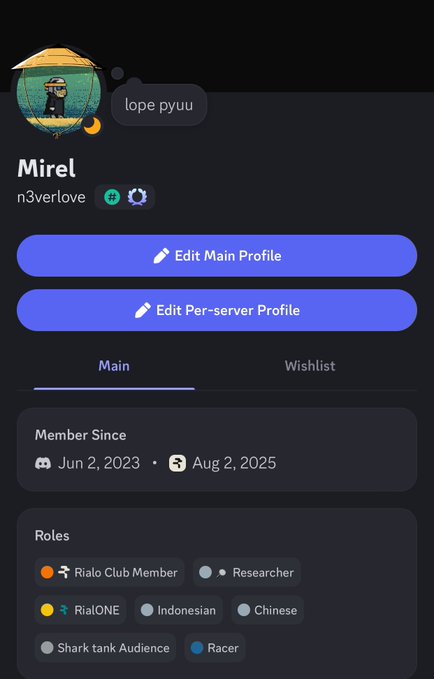 A Discord profile page for 'Mirel' (username n3verlove), joined Jun 2, 2023, with the display name 'lope pyuu' and roles including Rialo Club Member, Researcher, RialONE, Indonesian, Chinese, Shark tank Audience, and Racer.
