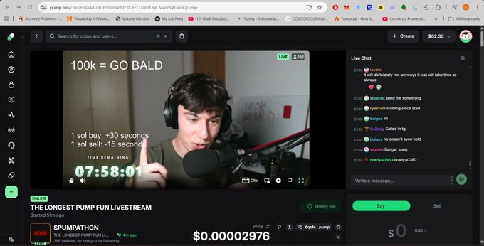 A screenshot of a pump.fun livestream showing a man with headphones and a microphone, with on-screen text reading '100k = GO BALD' and 'THE LONGEST PUMP FUN LIVESTREAM' featuring the ticker $PUMPATHON.