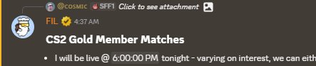 A Discord screenshot showing a message in the #FFL channel at 4:37 AM announcing 'CS2 Gold Member Matches' and stating the poster will be live at 6:00 PM tonight.