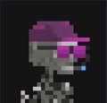A small pixel art character with a skull-like face wearing a purple baseball cap and a black and white outfit, shown crying a blue tear.