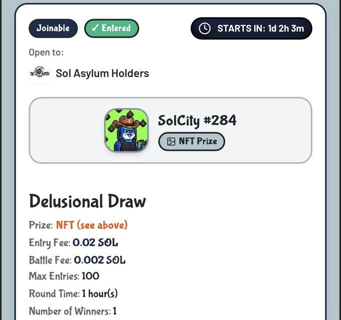 The image shows a "Delusional Draw" battle entry confirmation for SolCity #284 NFT, with the user marked as "Entered" and a countdown of "1d 2h 3m" until start, restricted to "Sol Asylum Holders" with a 0.02 SOL entry fee and 0.002 SOL battle fee. This relates to the post's promotion of minting "Delusional" NFTs for free entry into the Battle Bros Club fight.