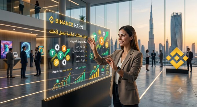 A promotional image for 'BINANCE EARN' showing a woman in a business suit gesturing toward a digital display featuring cryptocurrency logos and Arabic text, with a city skyline and Binance logo in the background.