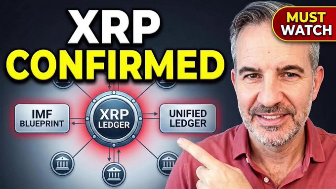 A man in a red shirt points to a graphic featuring the text "XRP CONFIRMED," "IMF BLUEPRINT," and "UNIFIED LEDGER" around an XRP Ledger hub connected to bank icons, with a "MUST WATCH" badge in the corner—reinforcing the post's urgent call to view the bullish XRP video.