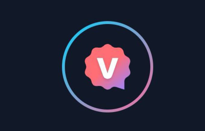 A logo featuring a white 'V' inside a coral-colored speech bubble shape, surrounded by a gradient blue-to-pink circle on a dark navy background.
