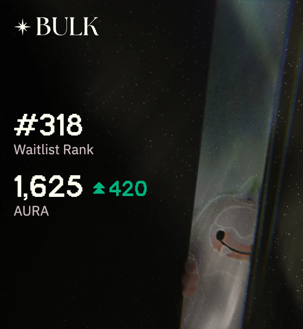 A screenshot showing BULK waitlist rank #318 with 1,625 AURA (up 420), representing progress in the Bulk pre-deposit campaign's weekly AURA distribution on Solana.