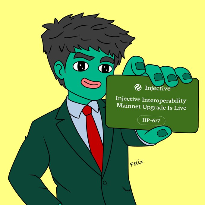Cartoon illustration of a green-skinned character in a suit holding a card that reads 'Injective Interoperability Mainnet Upgrade Is Live IIP-677'.