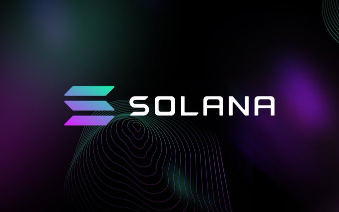 The colorful logo for the cryptocurrency "SOLANA" displayed against a dark background with neon green and purple wavy line patterns.