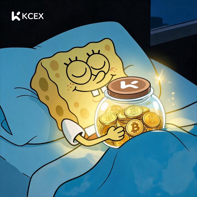 A cartoon SpongeBob sleeps peacefully in bed, snuggling a glass jar filled with Bitcoin coins marked with the KCEX logo, fitting the "DCA by day, BTC by night" theme of dreaming about stacking Bitcoin.

KCEX logo visible in the top-left corner.