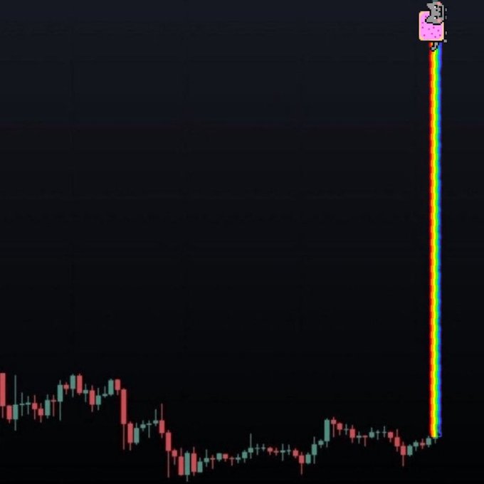 A cryptocurrency price chart showing a dramatic vertical rainbow-colored candlestick surge with a Nyan Cat meme at the peak, indicating a massive price spike.