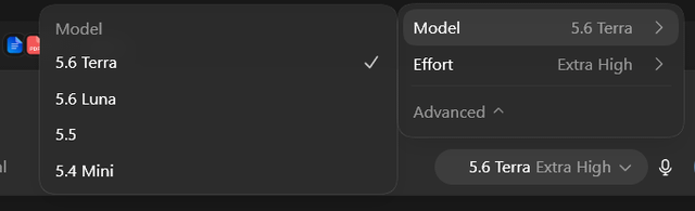 A dark-themed interface showing model selection with "5.6 Terra" checked, alongside settings for Model (5.6 Terra), Effort (Extra High), and a button labeled "5.6 Terra Extra High" with a microphone icon.