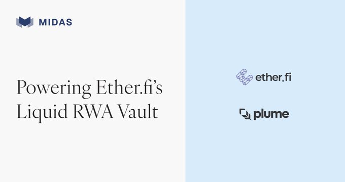 The image features two logos for liquid rwa vaults. The left logo displays the name "Midas" with the words "Vault OS", while the right logo shows a white background with the word "Liquid RWA Vault". These logos are related to EtherFi's Liquid RWA vault, which is built in partnership with @plumenetwork and launched a few weeks ago. The image also includes text that reads: "Powering Etherfi's Liquid RWA Vault", indicating the connection between the two logos.