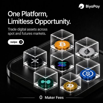 An advertisement for BiyaPay reading 'One Platform, Limitless Opportunity' and 'Trade digital assets across spot and futures markets,' featuring transparent cubes displaying Bitcoin, Ethereum, XRP, Solana, and USD Coin logos with '0 Maker Fees' at the bottom.
