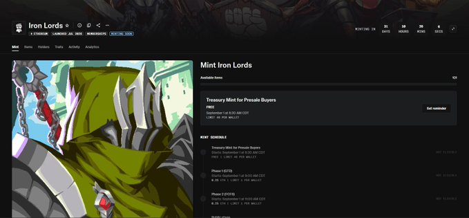 The image shows the "Iron Lords" NFT mint page on IronAllies, featuring a "Treasury Mint for Presale Buyers" priced at 0.25 AM COIN with a "FREE" cost, scheduled for September 1 at 1 PM, alongside a roadmap with Phase 1, Phase 2, and Phase 3 mint schedules starting September 1st, 2027. This relates to the post by illustrating the structured, transparent approach IronAllies uses by clearly outlining distinct mint phases and schedules rather than relying on vague task-based qualification systems.