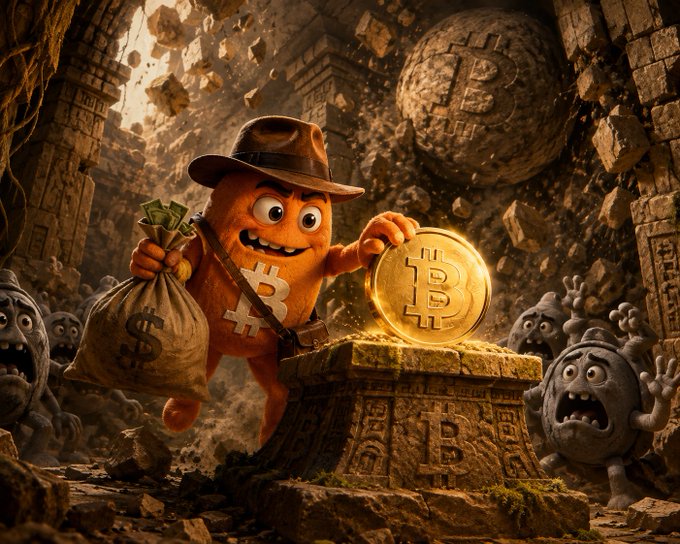 A 3D-rendered orange cryptocurrency mascot wearing an Indiana Jones-style hat and satchel, holding a gold Bitcoin coin in a temple ruins setting.