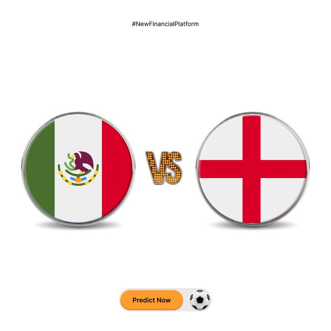 The image shows circular badges of the Mexico and England national flags facing off with a gold "VS" between them, above a "Predict Now" button with a soccer ball icon and the hashtag "#NewFinancialPlatform." It visually represents the post's prompt asking fans to predict which team—Mexico or England—will advance, tying into the Bybit prediction challenge for a chance at $1,000,000 in MNT rewards.