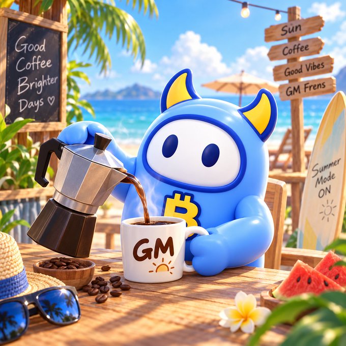 A cute blue cartoon character with yellow horns pours coffee into a mug labeled "GM" at a sunny beachside table, with signs reading "Sun, Coffee, Good Vibes, GM Frens" and "Good Coffee Brighter Days." The image matches the post's "GM, anyone want coffee?" greeting, serving as a cheerful good morning visual inviting friends to enjoy coffee together.