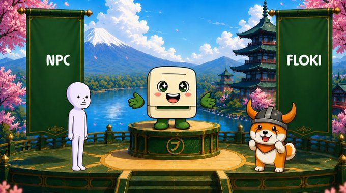 A cartoon battle scene depicts a smiling blocky character standing on a golden podium between two banners labeled "NPC" (next to a white humanoid figure) and "FLOKI" (next to a Shiba Inu dog wearing a Viking helmet), set against a scenic backdrop of Mt. Fuji and a Japanese castle. The image visually frames the "$NPC vs $FLOKI" face-off from the post, encouraging followers to vote for which token they think deserves the next Purinta listing.