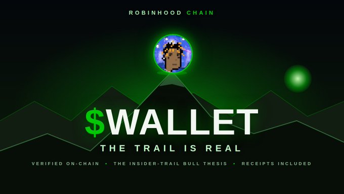 A dark green promotional graphic for "$WALLET" on Robinhood Chain, featuring a pixel-art CryptoPunk-style character in a spotlight above mountain silhouettes, with the tagline "THE TRAIL IS REAL" and bullet points reading "VERIFIED ON-CHAIN • THE INSIDER-TRAIL BULL THESIS • RECEIPTS INCLUDED" — reinforcing the post's message that the token's ~$5.5M market cap is backed by verifiable on-chain transaction history rather than mere rumors.