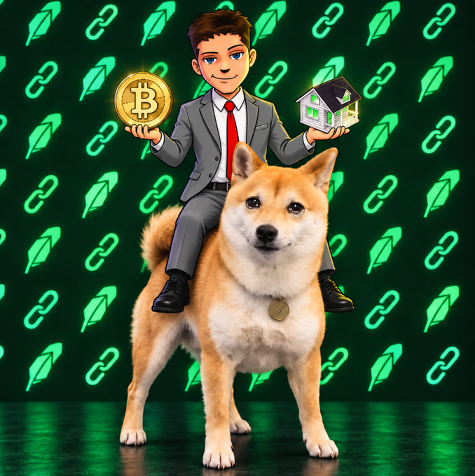 A digital illustration of a cartoon boy in a gray suit riding on the back of a Shiba Inu dog while holding a Bitcoin coin and a house, set against a green background with link and rocket icons.