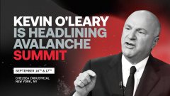 The image is a promotional graphic announcing that Kevin O'Leary will headline the Avalanche Summit, featuring a photo of him on the right with event details "September 16th & 17th, Chelsea Industrial, New York, NY" displayed alongside the text "KEVIN O'LEARY IS HEADLINING AVALANCHE SUMMIT" against a dark red and black background.