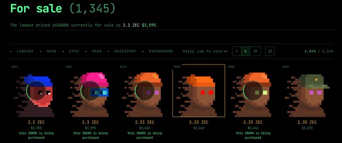 The image shows a digital marketplace listing page titled "For sale (1,345)" displaying pixel-art characters called "zkSNARKs" with the lowest priced one at 2.3 ZEC ($3,595). The meme uses this marketplace view to taunt viewers about missing out on purchasing one at the low price of 2.3 ZEC, referencing "coping" as internet slang for rationalizing disappointment.