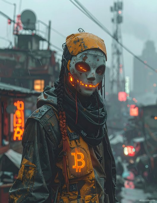 A cyberpunk-style digital artwork depicting a figure wearing a glowing orange mask with a smiley design and a yellow jacket with an illuminated Bitcoin '₿' logo, set in a rainy neon-lit cityscape.