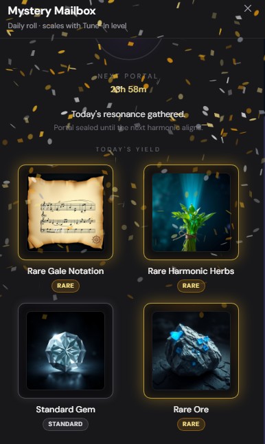 A 'Mystery Mailbox' daily reward screen showing 'NEXT PORTAL 23h 58m', 'Today's resonance gathered - Portal sealed until the next harmonic alignment', and four reward items: Rare Gale Notation (sheet music), Rare Harmonic Herbs, Standard Gem, and Rare Ore.