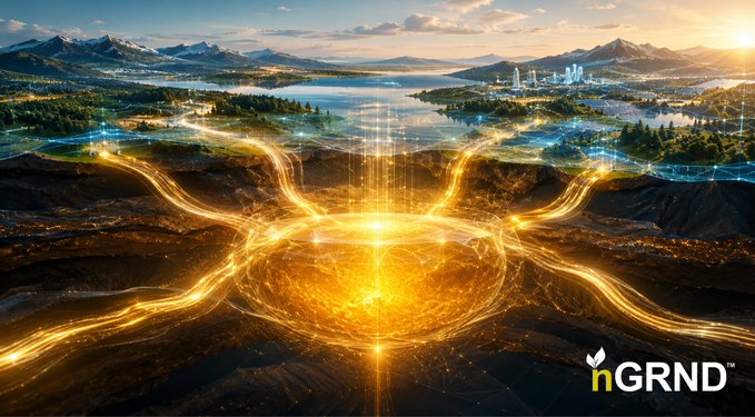 A vibrant landscape image featuring a glowing orange energy pattern radiating across the terrain, with mountains, water, and a city skyline in the background, branded with the 'nGRND' logo.