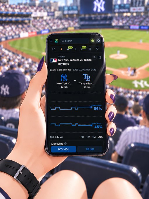 A hand with purple nails holds a smartphone displaying MLB odds at a Yankees game, showing "New York Yankees vs. Tampa Bay Rays" with betting percentages (NYY 45%, TB 56%) and a moneyline section. The on-screen matchup and win probability graphic for the "ALDS 03/10/2026" perfectly ties into the playoff showdown teased in the caption.