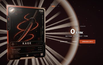 A digital trading card displays a katana labeled 'KAGE' valued at 700, with a '0 STRK' reward indicator and 'BETTER ELIGIBILITY TIER' button.