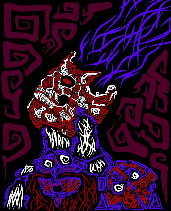 A dark, abstract artistic illustration featuring tribal patterns and a skeletal figure in red and purple against a black background.