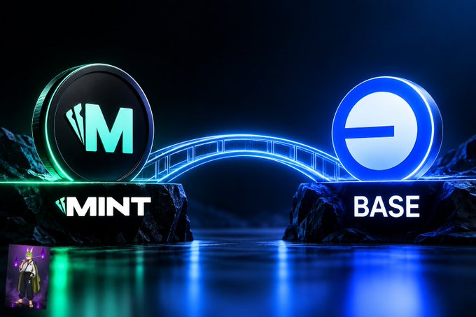 The image showcases a glowing blue digital bridge connecting two rock platforms, one displaying the "MINT" logo (with an "M" emblem) on the left and the other featuring the "BASE" logo (with its signature blue "e" symbol) on the right, visually representing the post's message about MINT's strategic alignment with Base to build a seamless on-chain ecosystem. A small cartoon character appears in the bottom left corner, adding a playful element to this sleek, futuristic representation of blockchain connectivity.