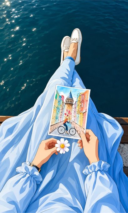 An illustrated scene of a person in a flowing blue dress sitting with legs dangling over water, holding a daisy flower and a painting of a person riding a bicycle in a colorful city street.