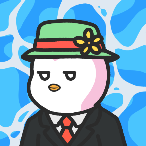 A cartoon illustration features a white duck-like character wearing a green hat with a yellow flower and a black suit with a red tie, set against a wavy blue and light blue background.