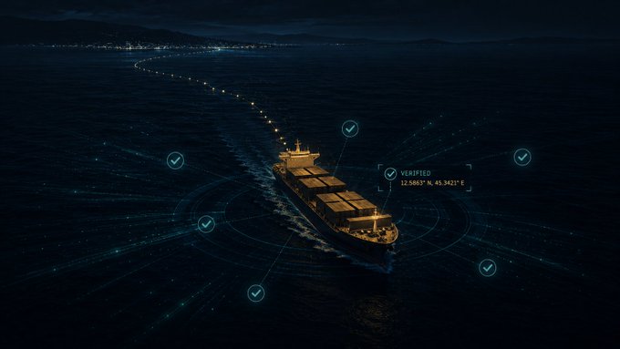 A digital illustration shows a cargo ship sailing on dark ocean waters at night with illuminated tracking markers and coordinates reading "VERIFIED 12.5685° N, 45.3421° E" displayed over the vessel.