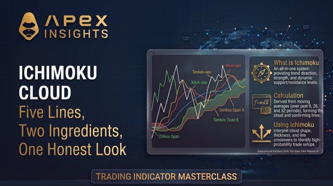 Promotional graphic for Apex Insights featuring the 'Ichimoku Cloud' trading indicator, with the tagline 'Five Lines, Two Ingredients, One Honest Look' and explanations of Tenkan-sen, Kijun-sen, Senkou Span A and B, Chikou Span, and Kijun-sen.
