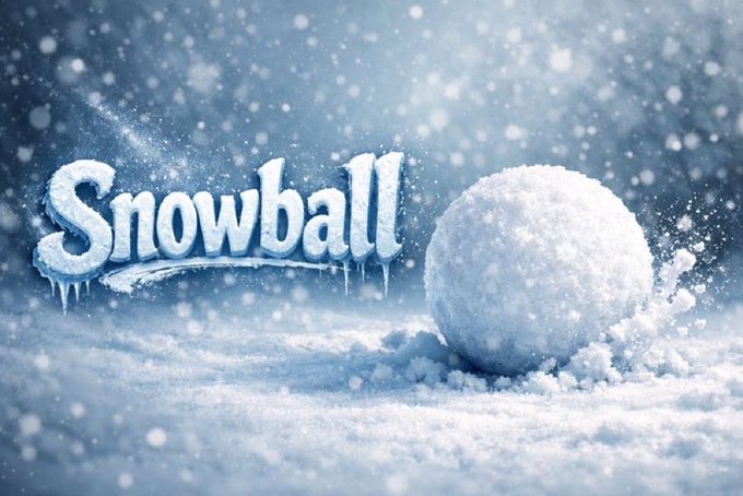 A winter scene showing a snowball resting on snow next to the word 'Snowball' styled in icy, frost-covered letters with snowflakes falling.