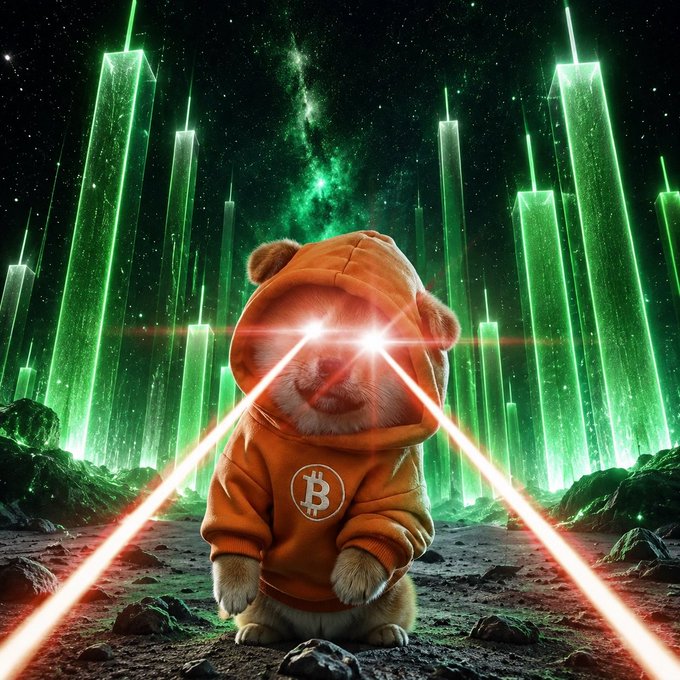 A digital art piece featuring a Shiba Inu dog wearing an orange Bitcoin hoodie with laser eyes, standing in a sci-fi landscape with green glowing monoliths.