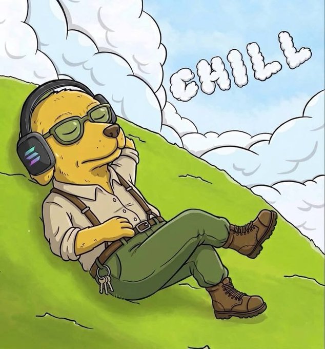An illustration of an anthropomorphic yellow dog wearing sunglasses, headphones, a button-up shirt with suspenders, green pants, and brown boots, lounging on a grassy hill with cloud-shaped letters spelling 'CHILL' in the sky.
