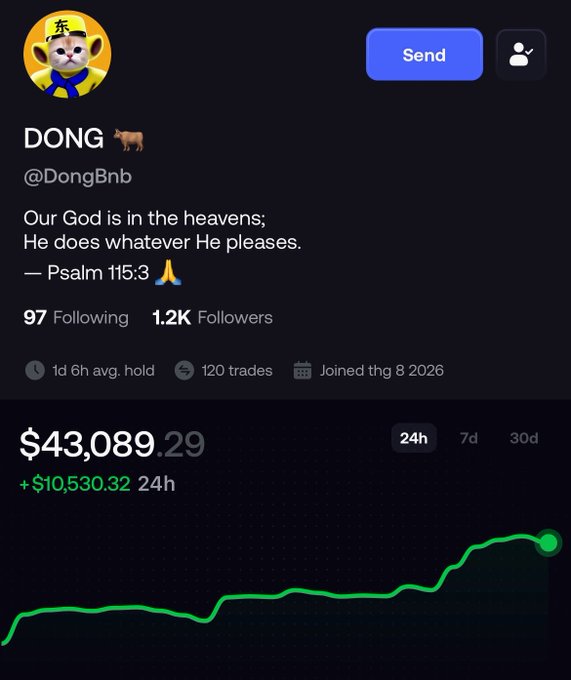 A social media profile for 'DONG' (@DongBnb) featuring a Psalm 115:3 quote, showing 97 Following, 1.2K Followers, and a portfolio value of $43,089.29 with a +$10,530.32 24h change.