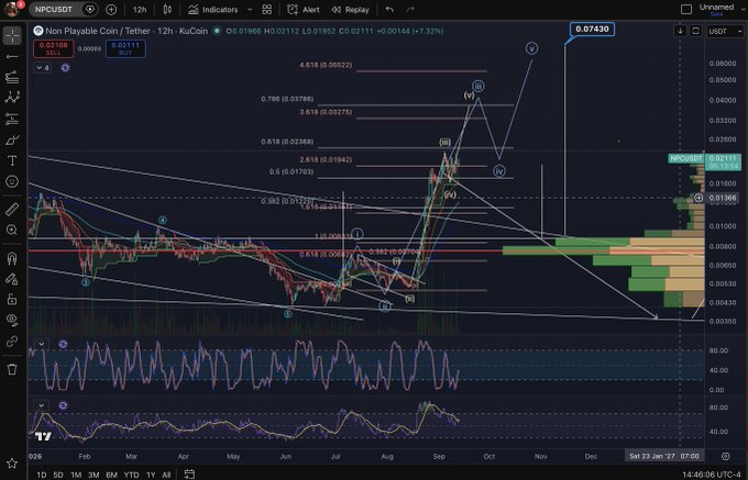 A TradingView chart for 'Non Playable Coin / Tether · 12h · KuCoin' (NPCUSDT) showing technical analysis patterns and Elliott Wave labels.