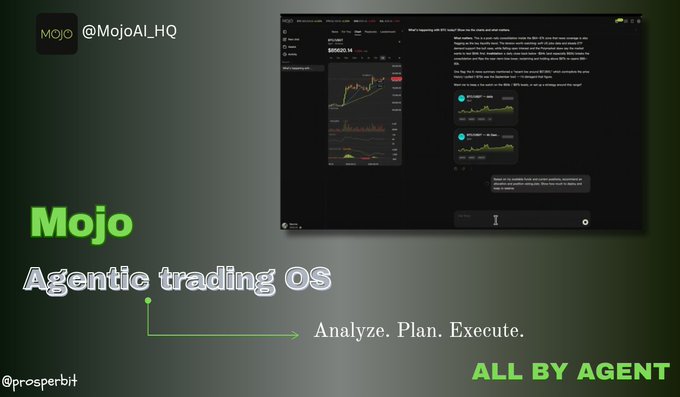 A promotional graphic for 'Mojo' (@MojoAI_HQ) describing it as an 'Agentic trading OS' with the tagline 'Analyze. Plan. Execute. ALL BY AGENT' alongside a screenshot of its interface.