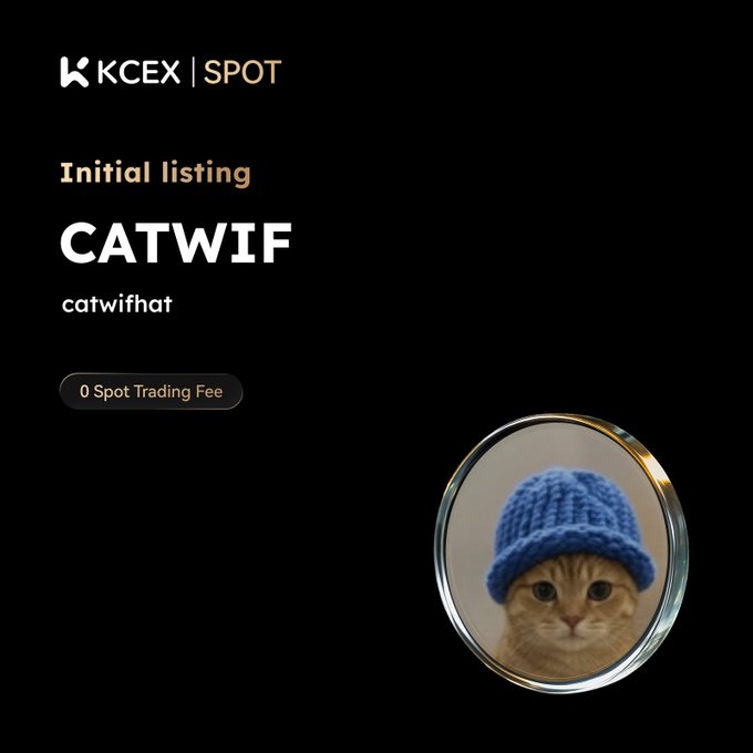 An exchange listing announcement from KCEX SPOT for the initial listing of 'CATWIF' (catwifhat) token featuring a cat wearing a blue knit hat, with '0 Spot Trading Fee' highlighted.