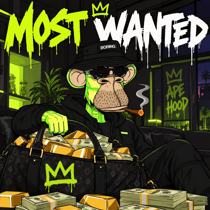 A vibrant digital illustration of a green monkey character in streetwear, sunglasses, and a bucket hat, surrounded by stacks of cash and gold bars under the words "MOST WANTED."
