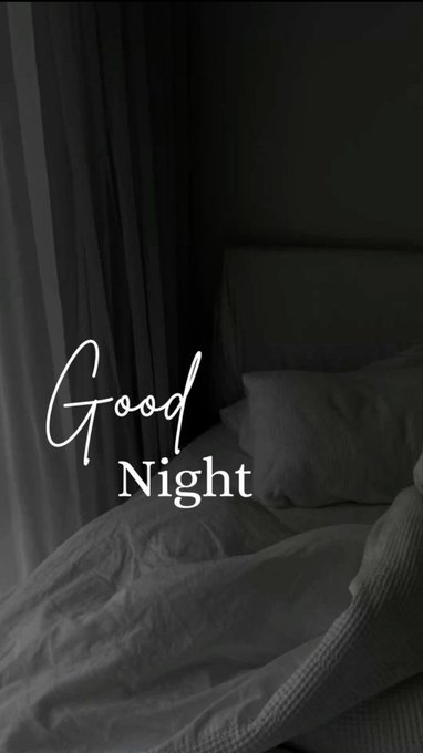 A dark, moody image of a bed with rumpled white sheets features the text 'Good Night' in white script and print fonts.