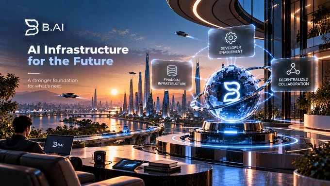 Futuristic promotional graphic for 'B.AI' titled 'AI Infrastructure for the Future,' showing a person at a laptop overlooking a sci-fi cityscape with holograms labeled 'FINANCIAL INFRASTRUCTURE,' 'DEVELOPER ENABLEMENT,' and 'DECENTRALIZED COLLABORATION.'