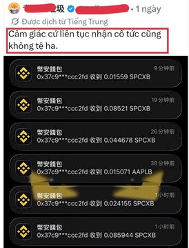 A Vietnamese-language screenshot showing a social media post warning 'Cảm giác cứ liên tục nhận có tức cũng không tệ ha.' about receiving tokens, followed by a list of Binance wallet transfers including 0.01559 SPCXB, 0.08521 SPCXB, 0.044676 SPCXB, 0.015071 AAPLB, 0.024155 SPCXB, and 0.0685944 SPCXB.