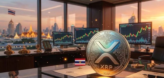 A large XRP coin sits prominently on a desk in a high-rise office overlooking the Bangkok skyline at sunset, flanked by financial charts and a Thai flag. The image visually reinforces the post's claim about the CLARITY Act by framing XRP as a critical financial asset amid regulatory and political debate, with the rising charts symbolizing its potential to "save" the country's economic future.